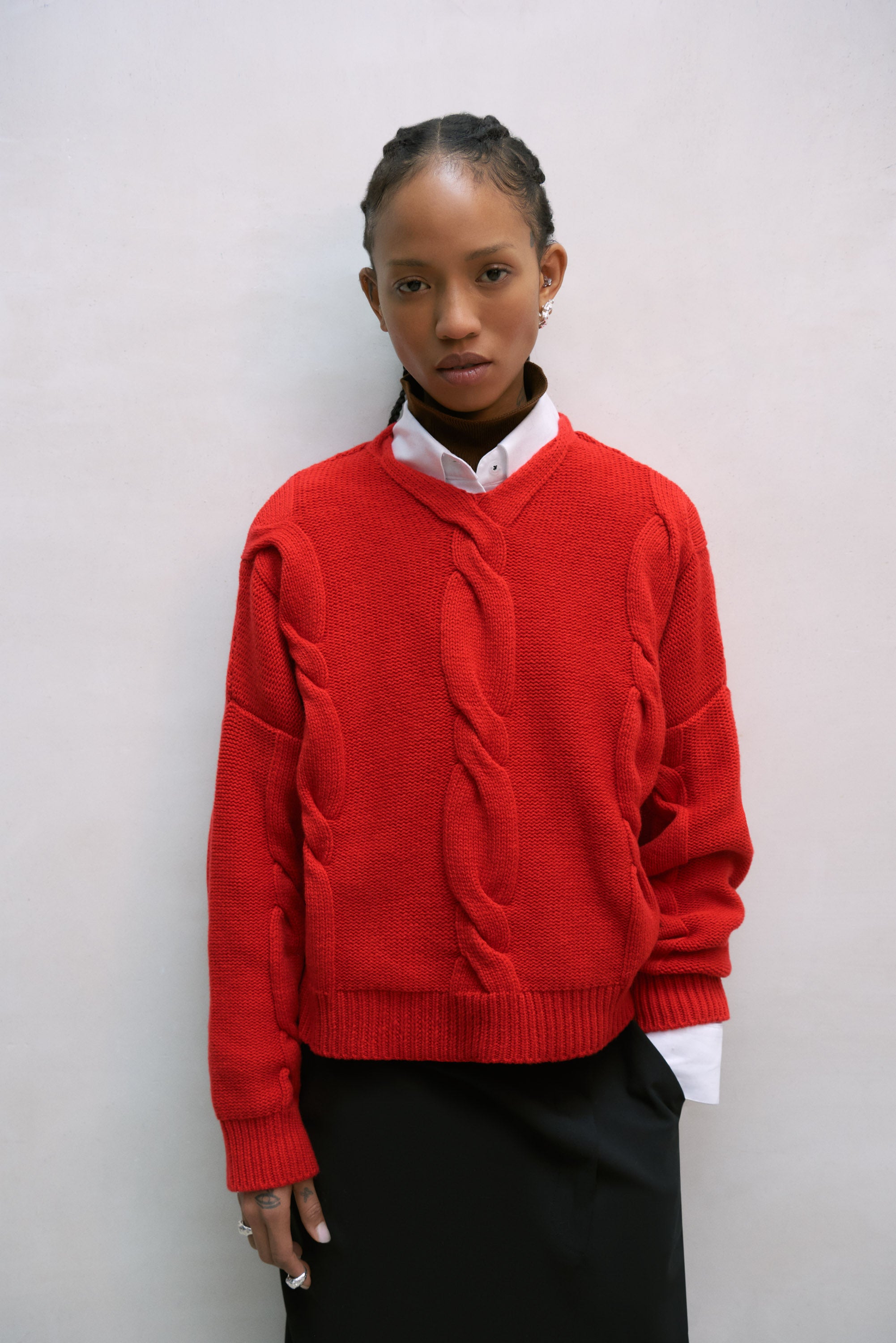Wool Cashmere Braided Sweater Red Cordera