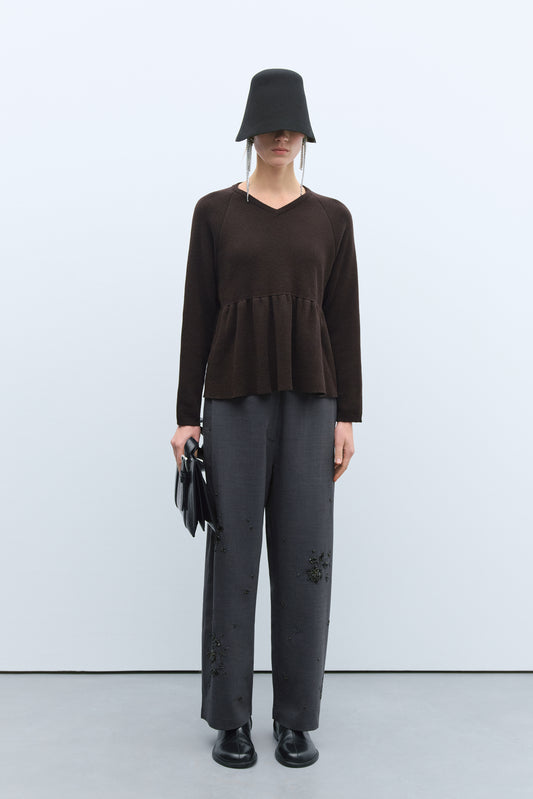 MERINO & CASHMERE PEPLUM TOP BROWN