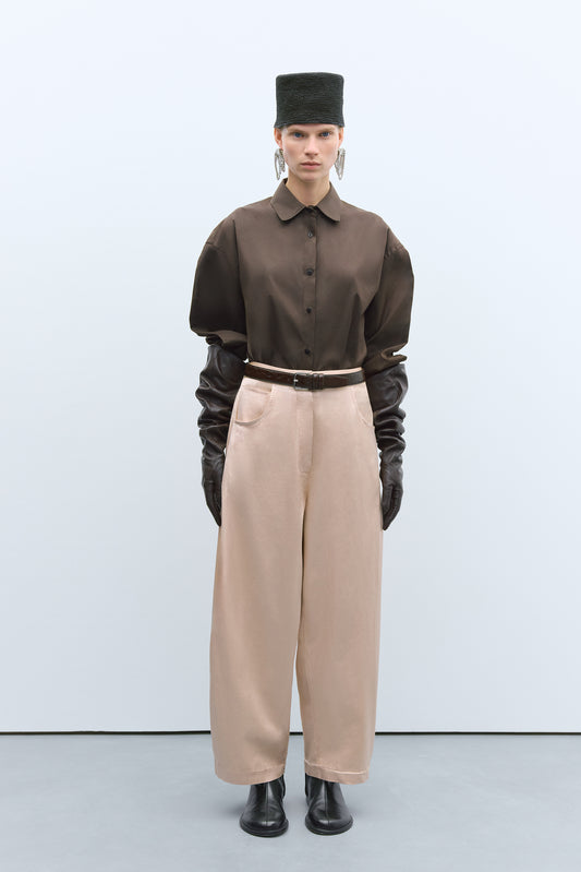 SATIN CURVED PANTS PEACH