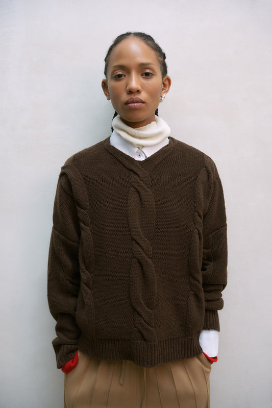 WOOL & CASHMERE BRAIDED SWEATER  BROWN