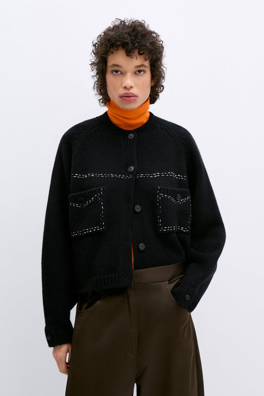 MERINO WOOL STITCHED CARDIGAN BLACK