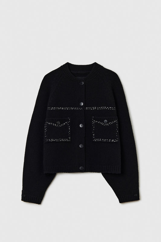 MERINO WOOL STITCHED CARDIGAN BLACK