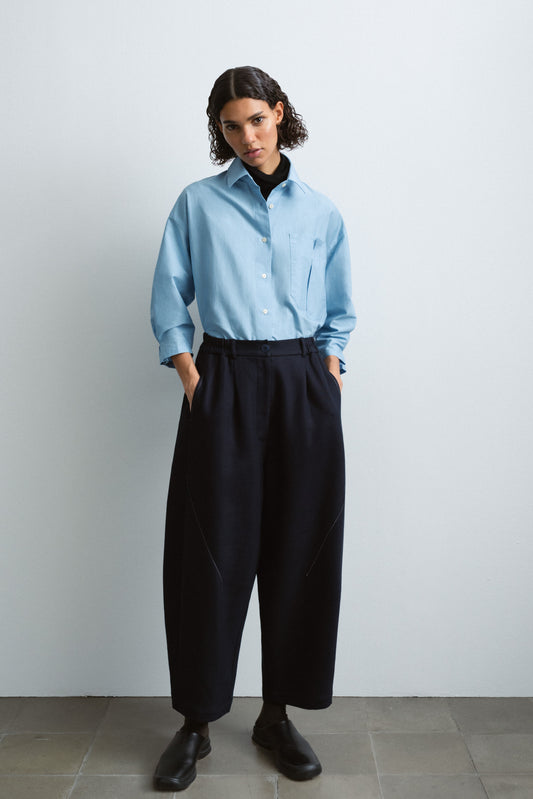 COTTON AND WOOL BAGGY PANTS NAVY