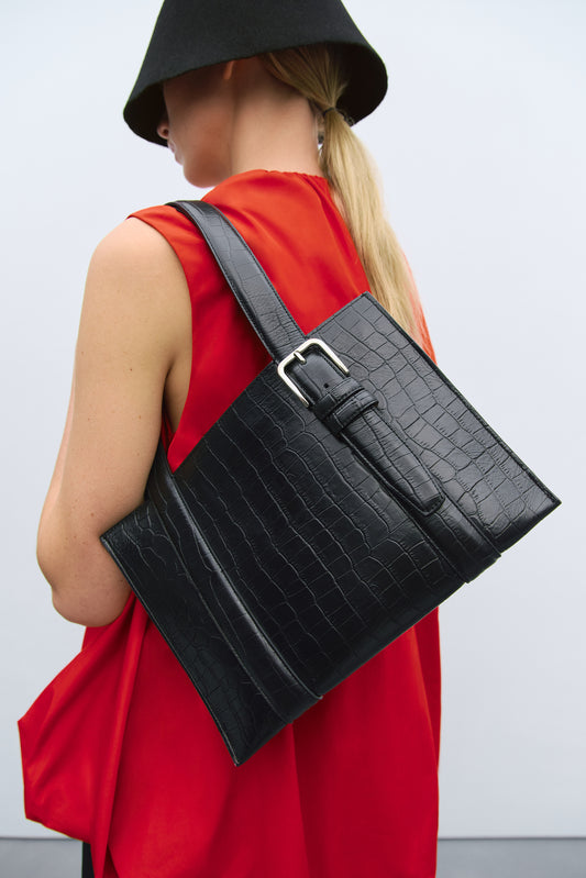 BUCKLE BAG BLACK CROCODILE