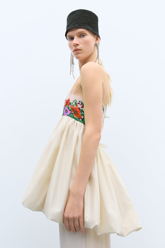 HANDMADE BEADED MINI DRESS CREAM