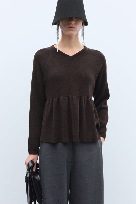 MERINO & CASHMERE PEPLUM TOP BROWN