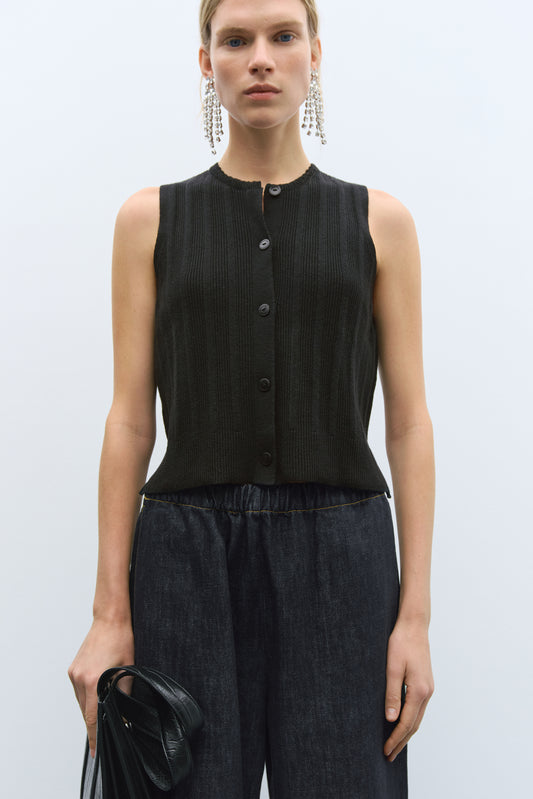 MERINO WOOL RIBBED WAISTCOAT BLACK