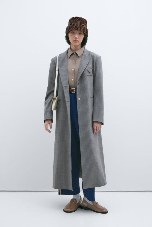 LONG WOOL COAT PINSTRIPE GREY