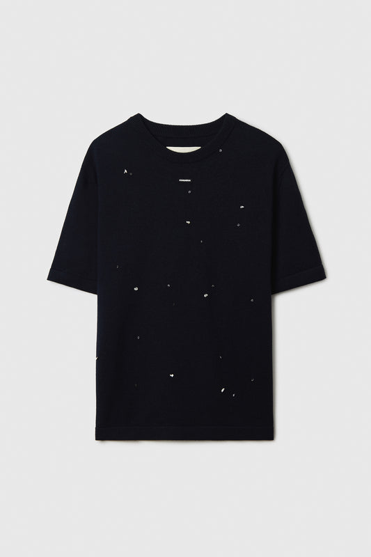 MERINO WOOL BEADED T-SHIRT NAVY