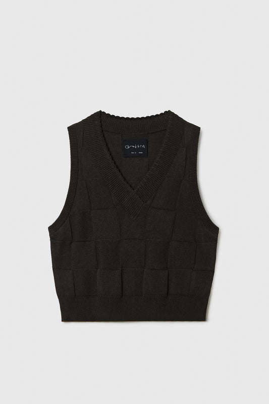 CHECKERED COTTON & CASHMERE WAISTCOAT DARK MOSS